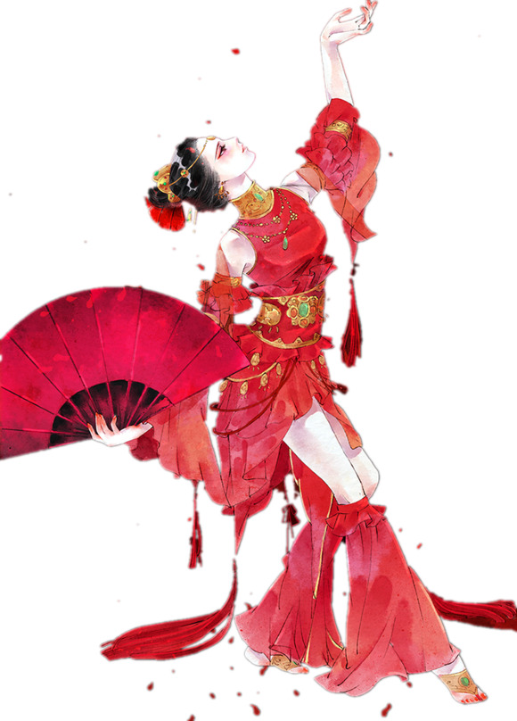 红衣舞女古风手绘PNG素材，高清透明扇子美女图，创意卡通元素下载