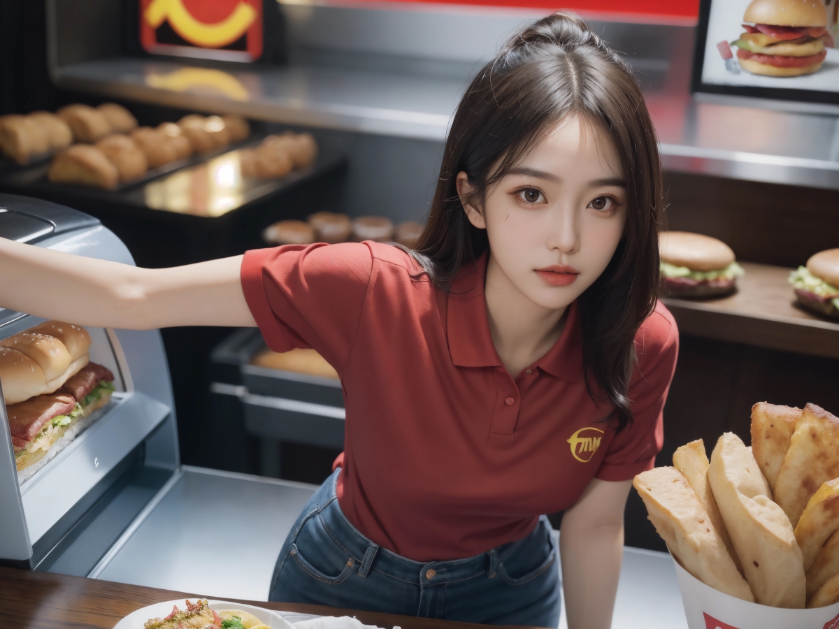 汉堡店美女风采，长发工作服AI绘画，4K高清动漫壁纸惊艳下载