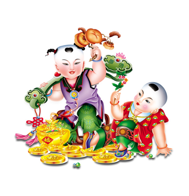元旦春节元宵年画娃娃PNG透明图，高清节日素材免费下载