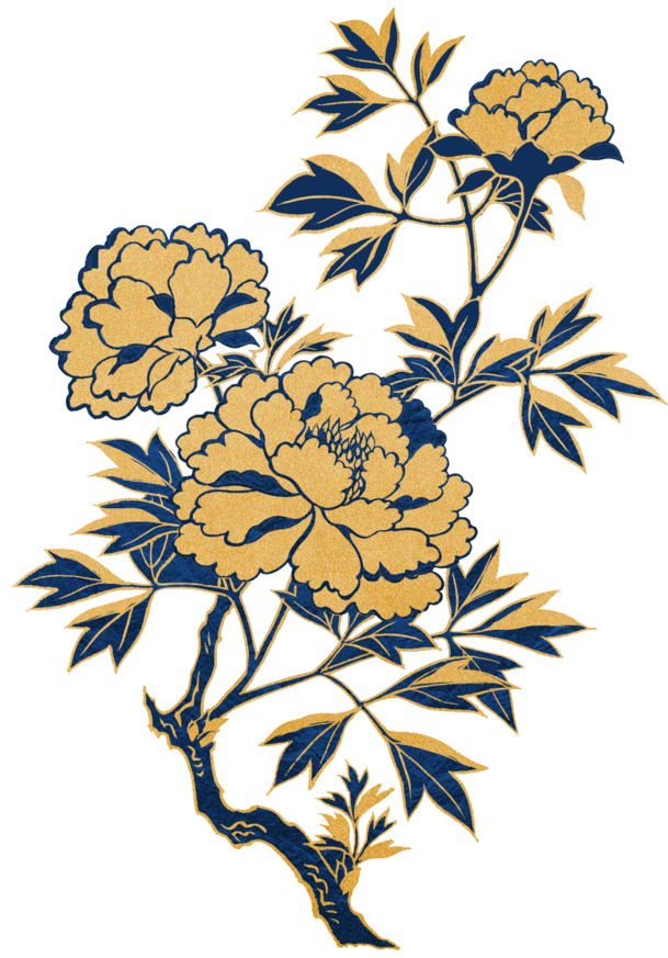 中式金色描边蓝色花叶PNG透明图片，中国风高清装饰元素设计素材下载