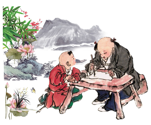 古代人物读书写字PNG素材，手绘卡通风格，高清透明图片下载