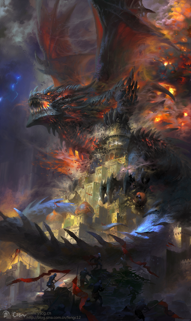 巨龙肆虐后的城堡插画，高清PNG透明背景，卡通手绘元素，设计素材下载