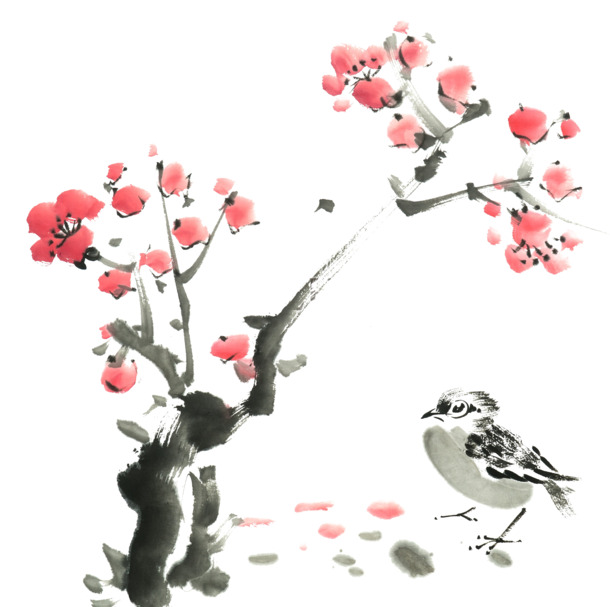 水墨红梅PNG透明图，装饰元素，笔触设计素材下载