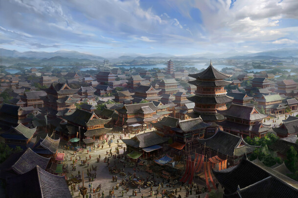 复古玄幻城市海报背景，古典中国风PNG透明高清图片素材下载