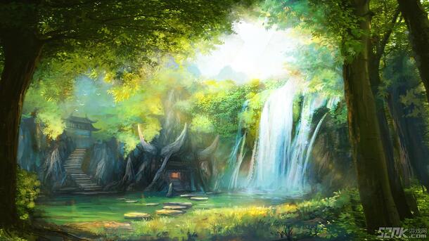 梦幻瀑布抽象背景，高清PNG透明图片，绿色森林元素，免费下载