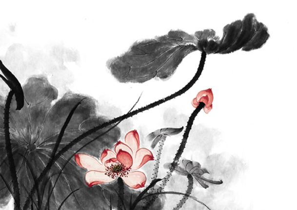 水墨莲花PNG透明图，精美装饰元素，墨迹笔触设计素材，高清下载