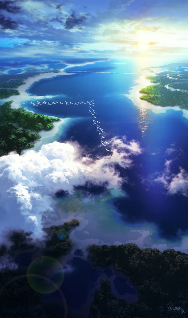 梦幻阳光白云河流PNG背景图，高清透明H5设计素材下载
