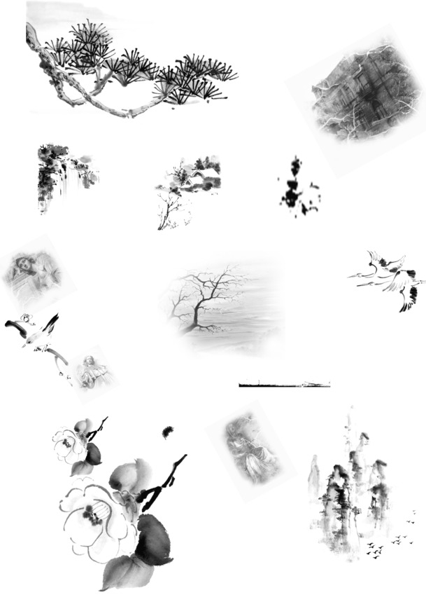 国画松树高清PNG素材，透明植物装饰元素，笔触墨迹设计下载