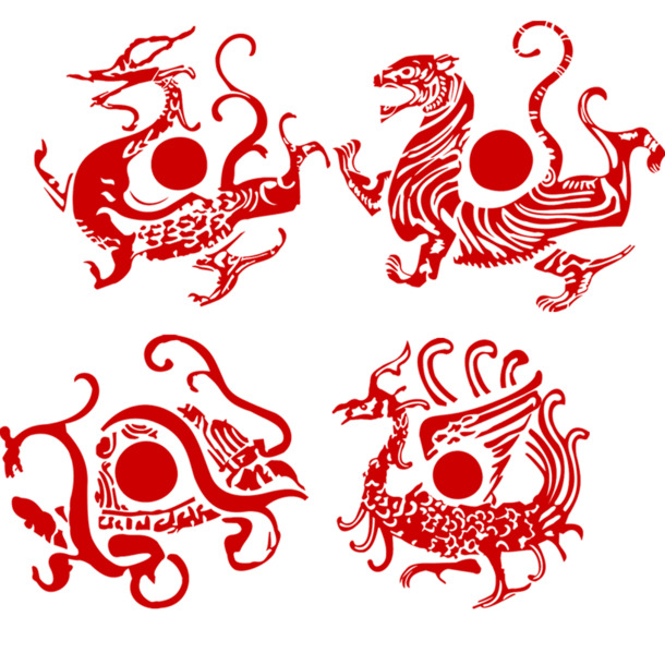 青龙白虎朱雀玄武神兽PNG透明图，国风装饰元素，高清下载