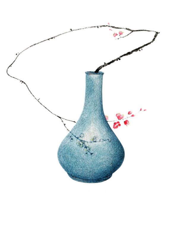 古风花瓶PNG透明图，植物装饰元素，高清设计素材下载