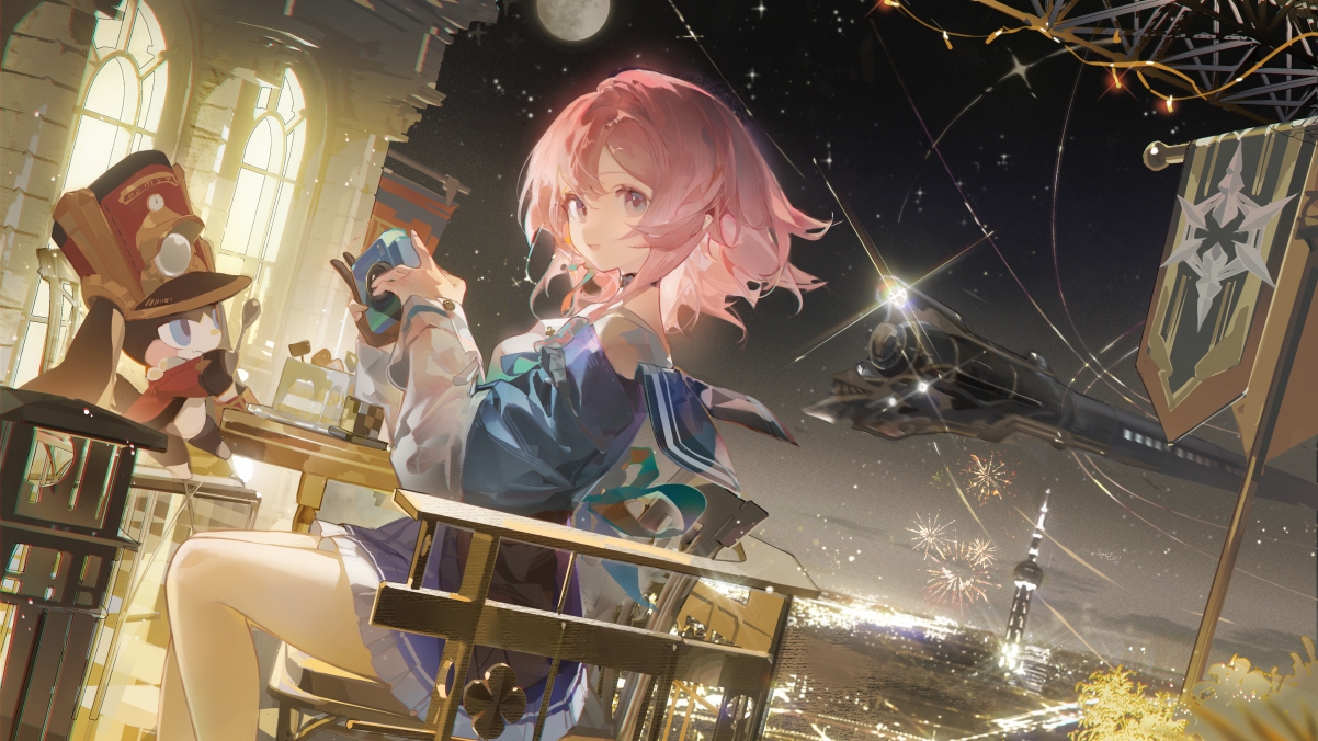 粉色短发少女与夜景共舞，高清4K动漫壁纸，3840x2160分辨率，裙子飘逸之美尽在画中