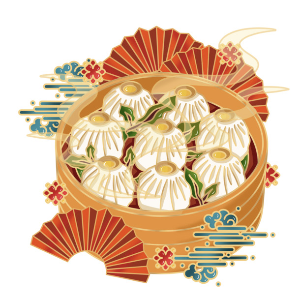 国潮风小笼包美食插画，高清PNG透明图片，手绘卡通元素，PSD格式设计素材下载