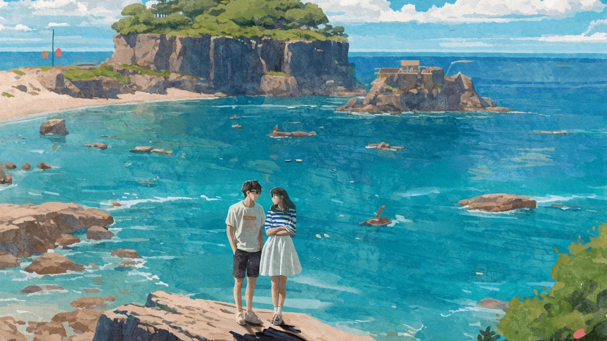 夏日海滨恋曲，情侣依偎岩石间，树影婆娑映蓝海，4K动漫风景壁纸高清下载