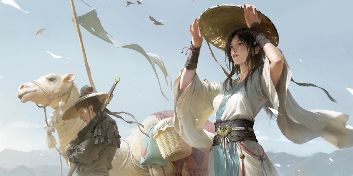 古风动漫，古装女子戴帽，男子挥剑骑骆驼，超清4K壁纸下载
