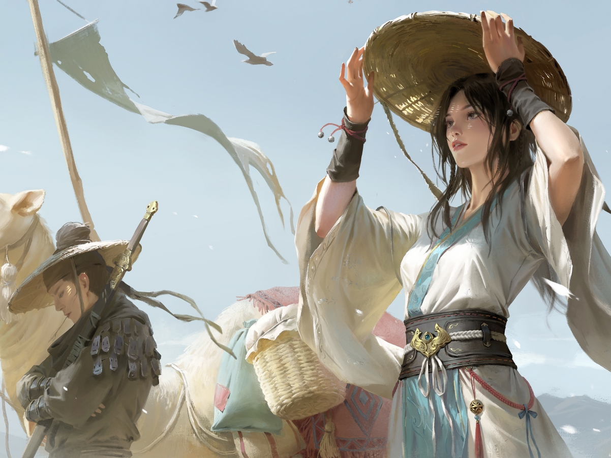 古风绘画精选，女孩戴帽古装，男子佩剑英姿，动漫平板壁纸高清下载