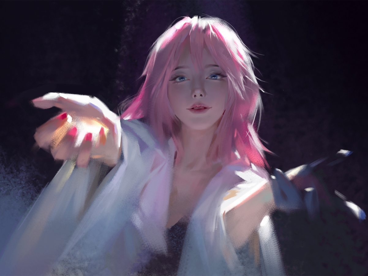 动漫美女平板壁纸，蓝眼粉发高清美图，2732x2048分辨率下载
