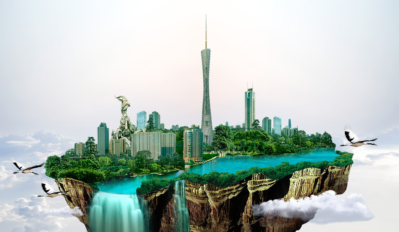 绿色广州地产海报背景，创意高清JPG/PSD设计素材下载