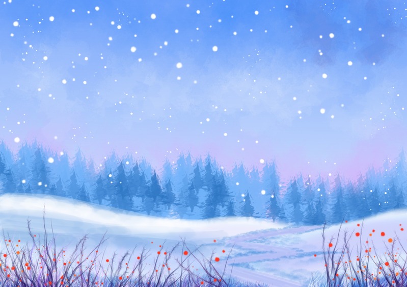 冬日雪林美景，高清JPG卡通手绘雪景图片素材下载