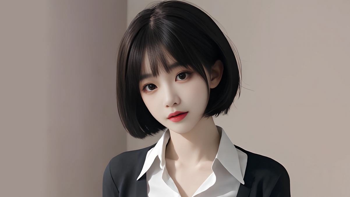 高清短发美女4K壁纸，黑色西装搭配白色衬衫，AI动漫美女惊艳亮相！