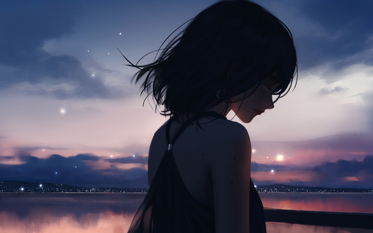 夜晚风光下的女孩，闭眼沉醉，情感浓厚，超清4K厚涂壁纸，动漫美图高清下载