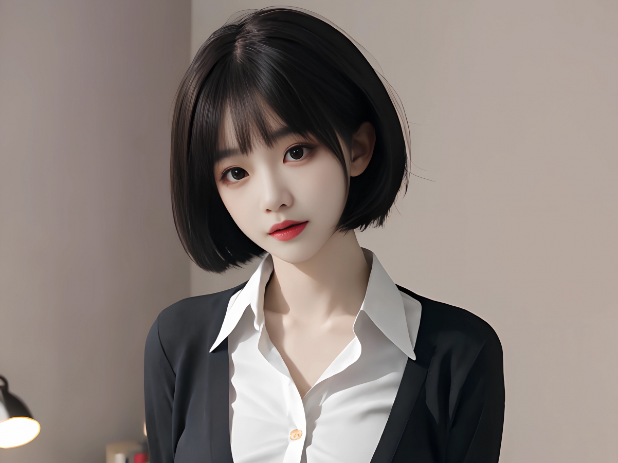绝美短发女神AI画作，黑衣白衬，平板壁纸，2732x2048高清下载