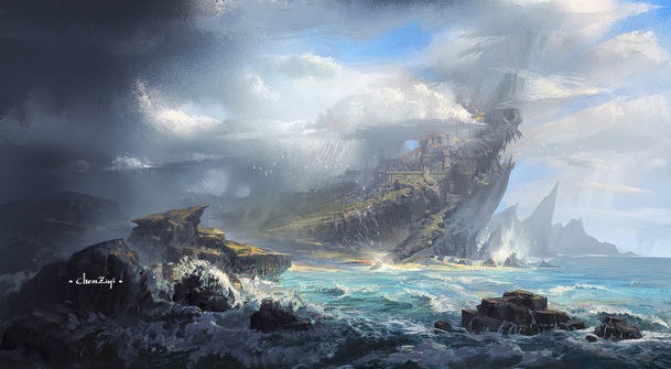 绚丽海岛游戏场景插画，高清PNG透明背景，卡通手绘设计素材下载