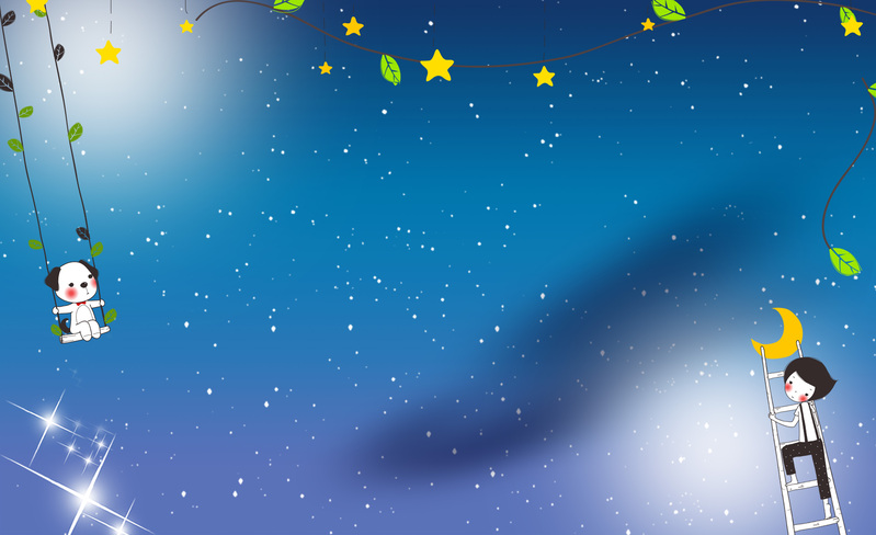 儿童节海报背景，蓝色星空藤叶秋千，高清JPG/PSD卡通手绘素材下载