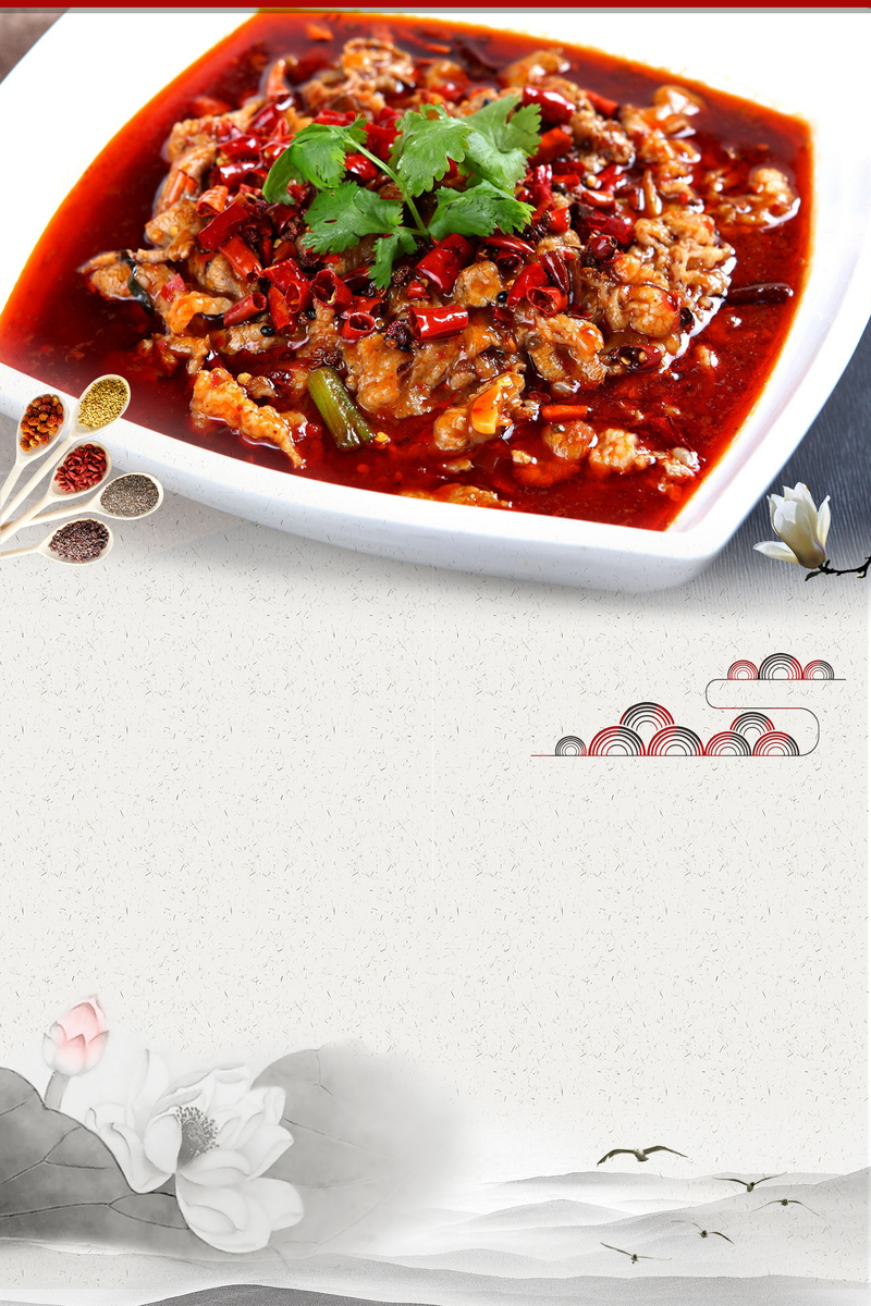 中国风水墨荷花美食海报背景，水煮肉片高清JPG/PSD素材下载
