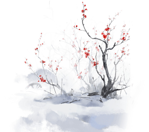 古风梅花水墨PNG透明图，中国风装饰元素，高清素材下载