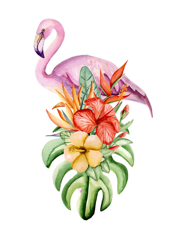 手绘粉色大鸟花朵海报，高清PNG透明背景，H5设计素材免费下载