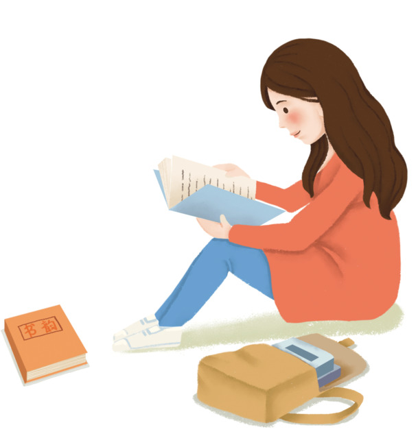 卡通手绘女学生读书PNG透明图，高清素材，创意卡通元素设计下载