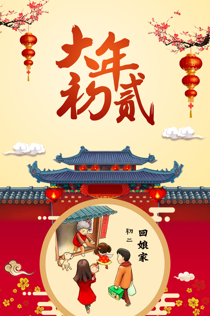 2018复古中国风大年初二回娘家海报设计素材，高清JPG图片免费下载