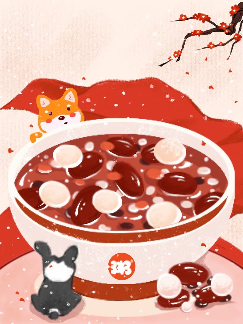 腊八节手绘插画，腊八粥、梅花与狗，复古雪花JPG/PSD设计素材