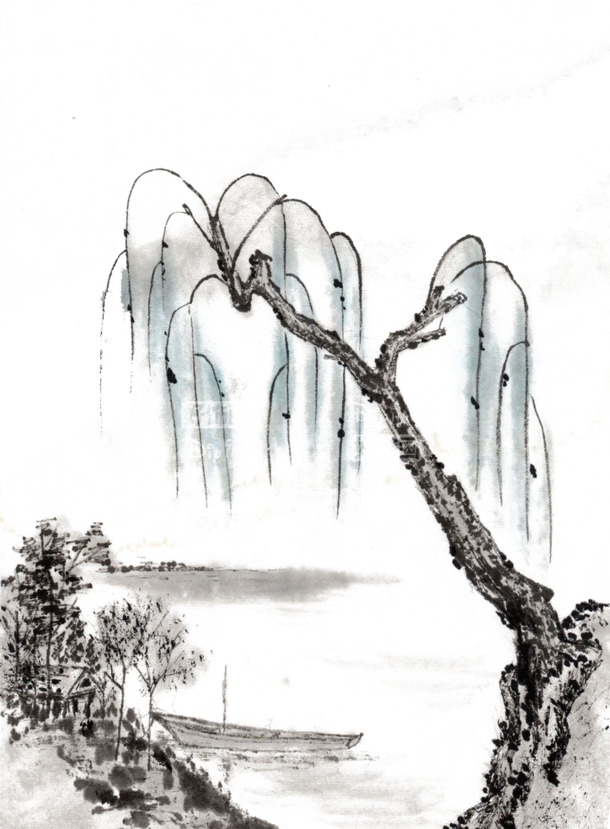 水彩国画PNG透明图，高清装饰元素，笔触墨迹设计素材下载
