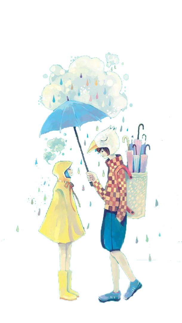 卡通手绘男女爱情雨伞雨景PNG透明素材，花瓣漂浮元素，高清下载