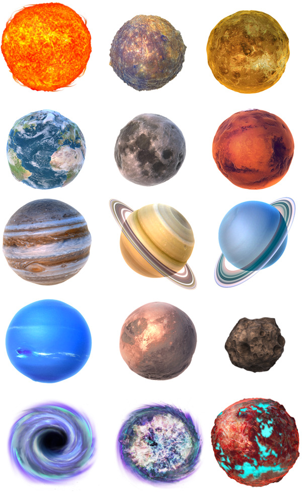 太阳系行星手绘卡通PNG图标，高清透明素材，设计必备下载