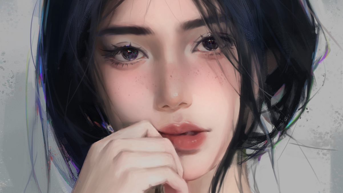 绝美女孩厚涂手绘，深邃黑眸尽显魅力，高清4K动漫壁纸，超清3840x2160分辨率，免费下载！