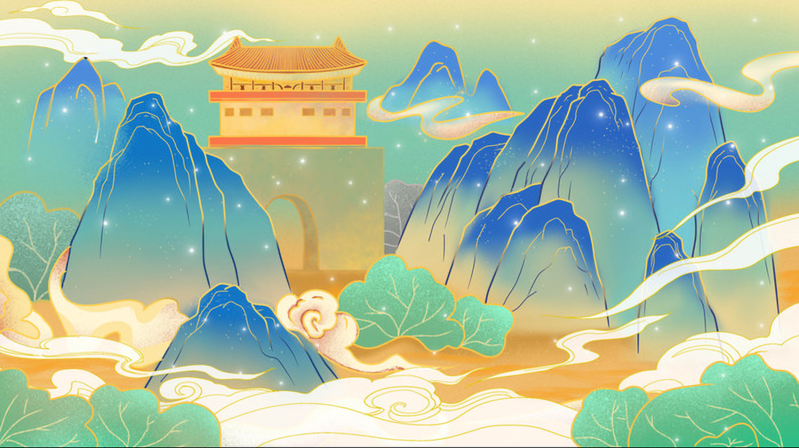 国潮复古山水祥云插画，高清JPG中国风图片素材下载