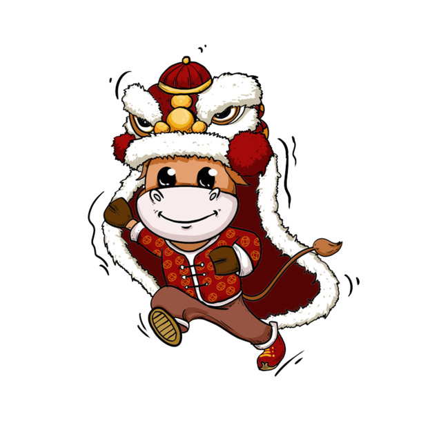 欢乐牛舞狮PNG透明图片，元旦春节元宵节日元素，高清PSD设计素材下载