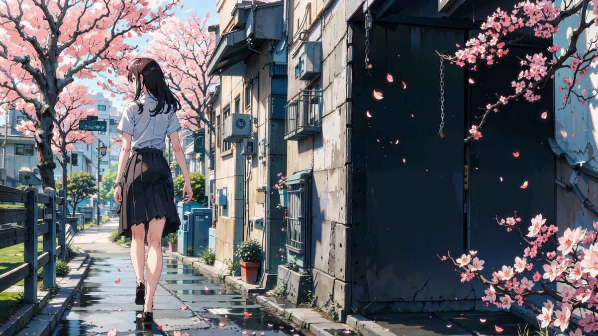 樱花漫舞，动漫女孩白衫黑裙，绝美4K壁纸高清下载