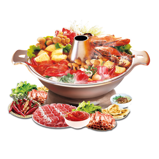 红汤火锅素材下载，羊肉卷蔬菜PNG透明图，生活装饰PSD设计元素