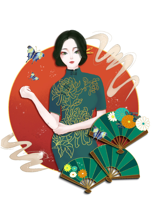 手绘旗袍女子PNG透明图片，卡通手绘元素，高清素材下载