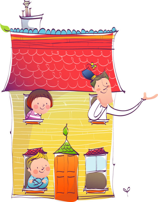欢乐儿童节PNG素材，房子、父亲与女孩高清透明图，六一节日元素设计下载