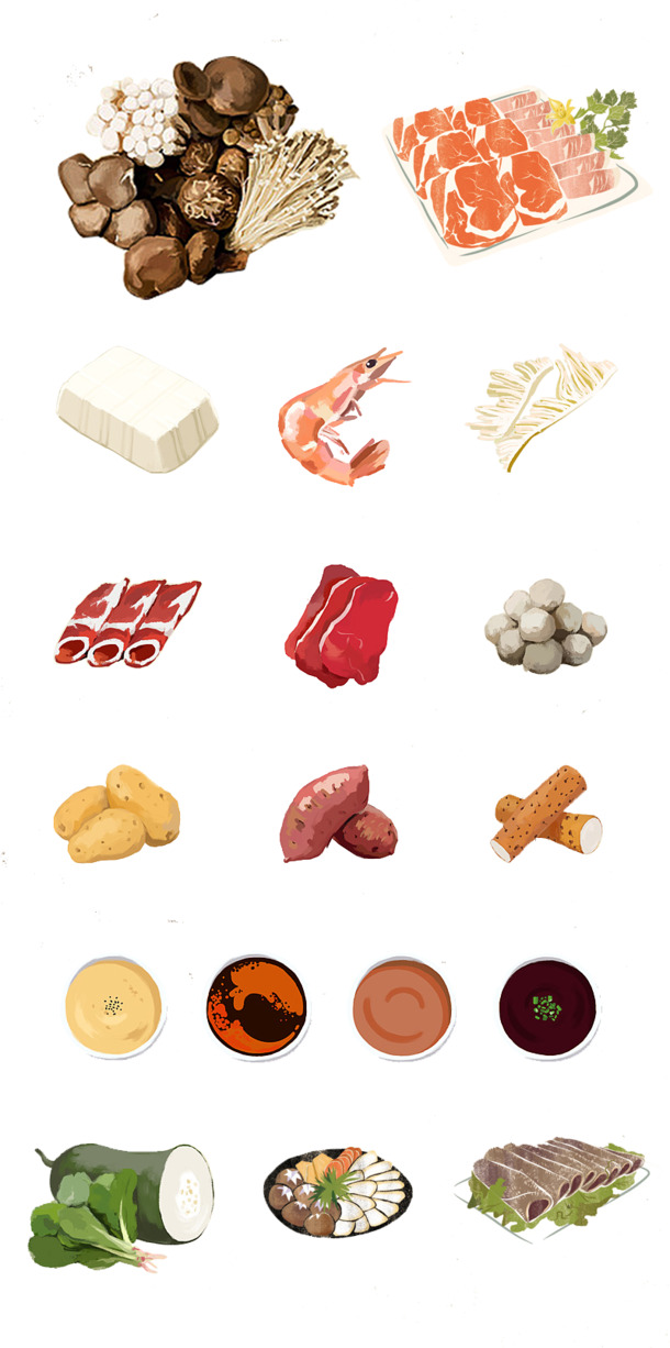 火锅食材手绘PNG/PSD素材，高清透明，卡通风格，免费下载