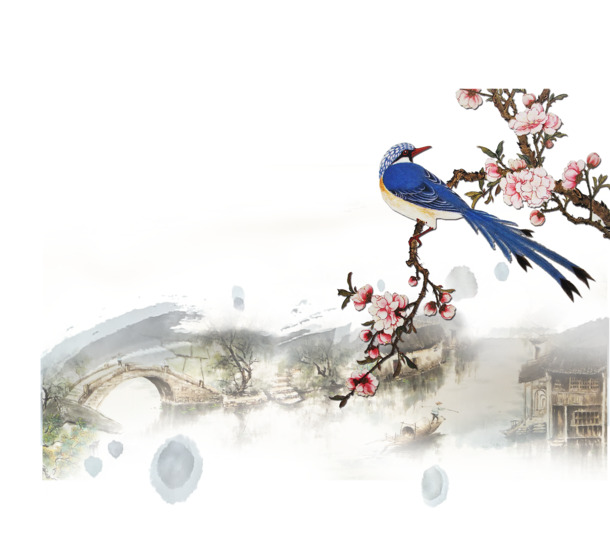 烟雨江南花鸟画素材，高清PNG透明图片，动物装饰元素，PSD格式下载