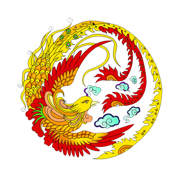 环形彩色凤凰PNG透明图，国风装饰元素，高清下载