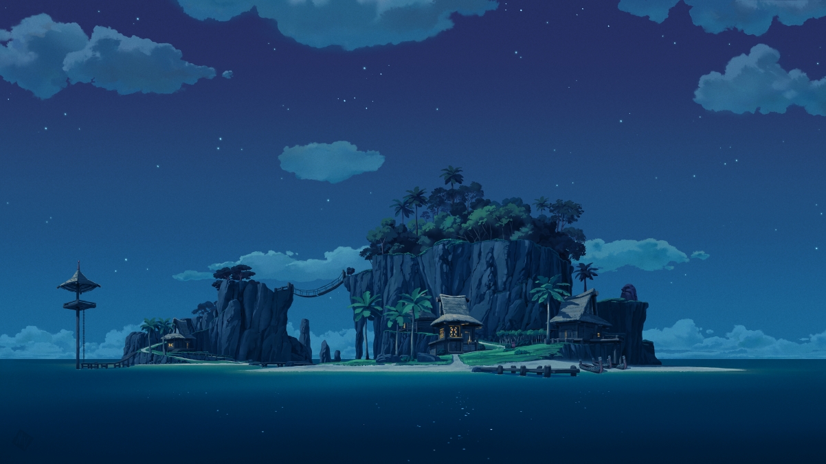 夜晚小岛夜景，棕榈树摇曳，大海星光璀璨，4K高清壁纸下载