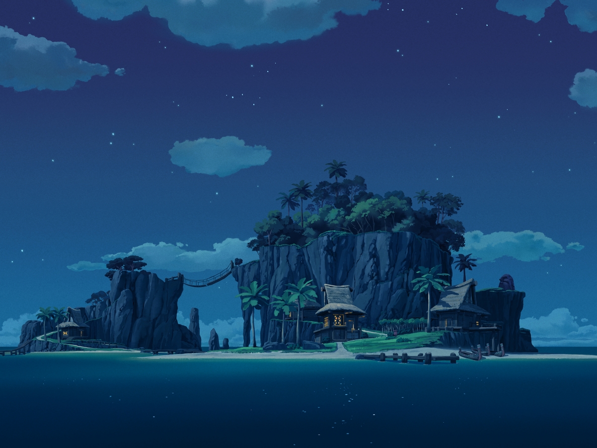 高清平板壁纸，夜晚小岛棕榈树与大海，日光海滩房景，2732x2048美景下载