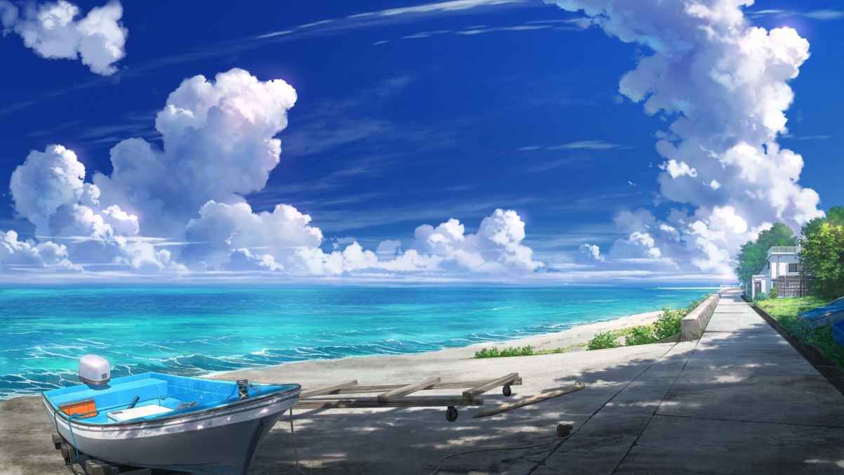 海滩美景4K壁纸，船影、阳光、天空与云，高清房子风景图片，3840x2160分辨率免费下载