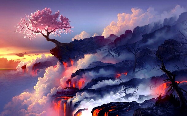 彩绘世外桃源，高清PNG云朵树木天空背景图片素材，透明设计元素下载